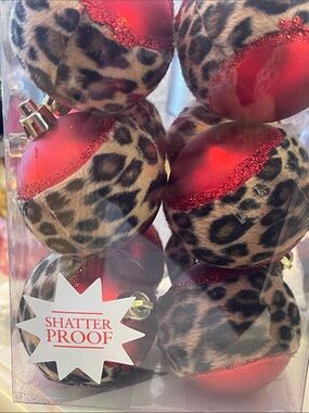 Fuzzy leopard print on red shatterproof 2.25”ball ornament - set of 12